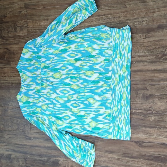 100% Linen Blue and Green V-Neck Patterned Top - Picture 3 of 11